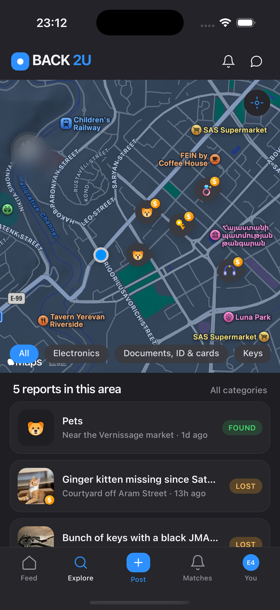 The BACK 2U map showing nearby lost and found reports
